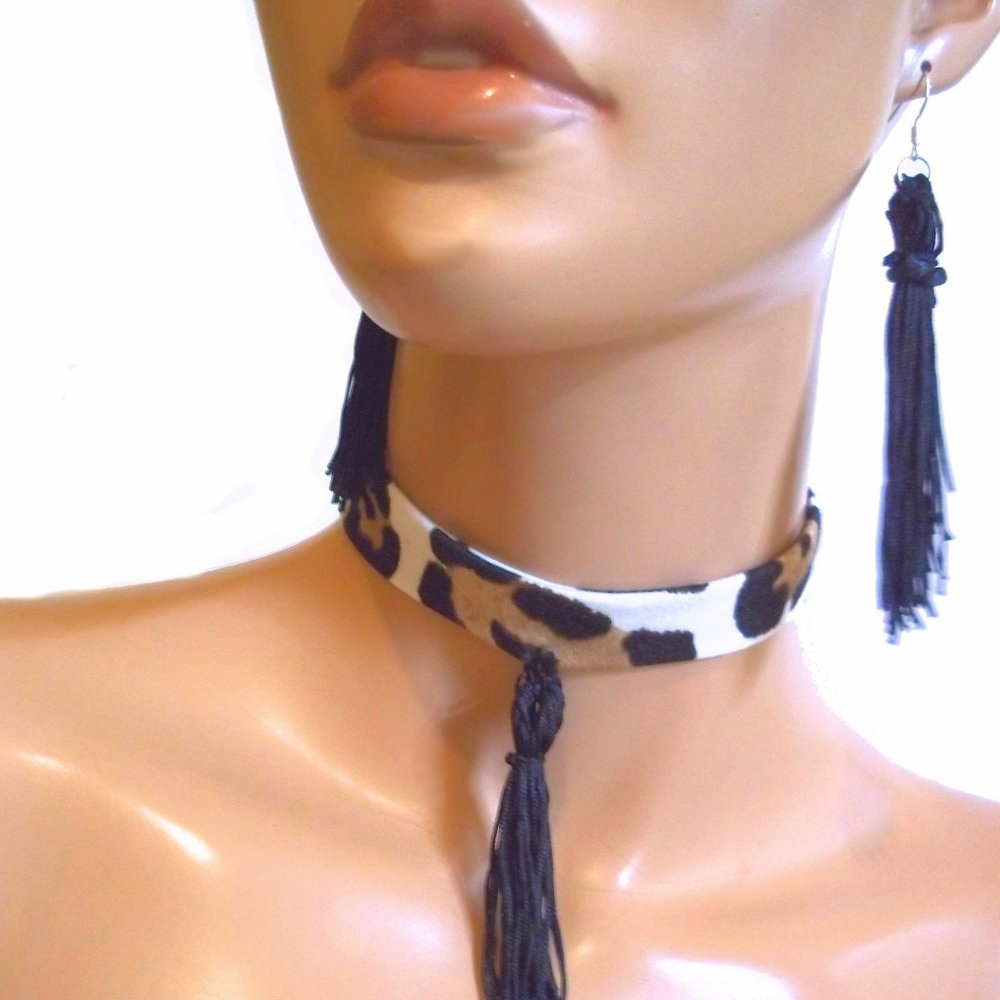 Leopard Tassel Jewelry Set, Leopard Choker And Black Tassel Earrings, Jewelry